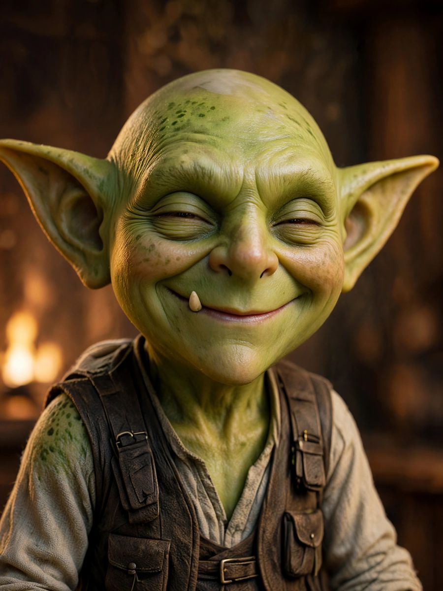 O Goblin Taverneiro, de avental, com um sorriso fechado e os olhos quase cerrados