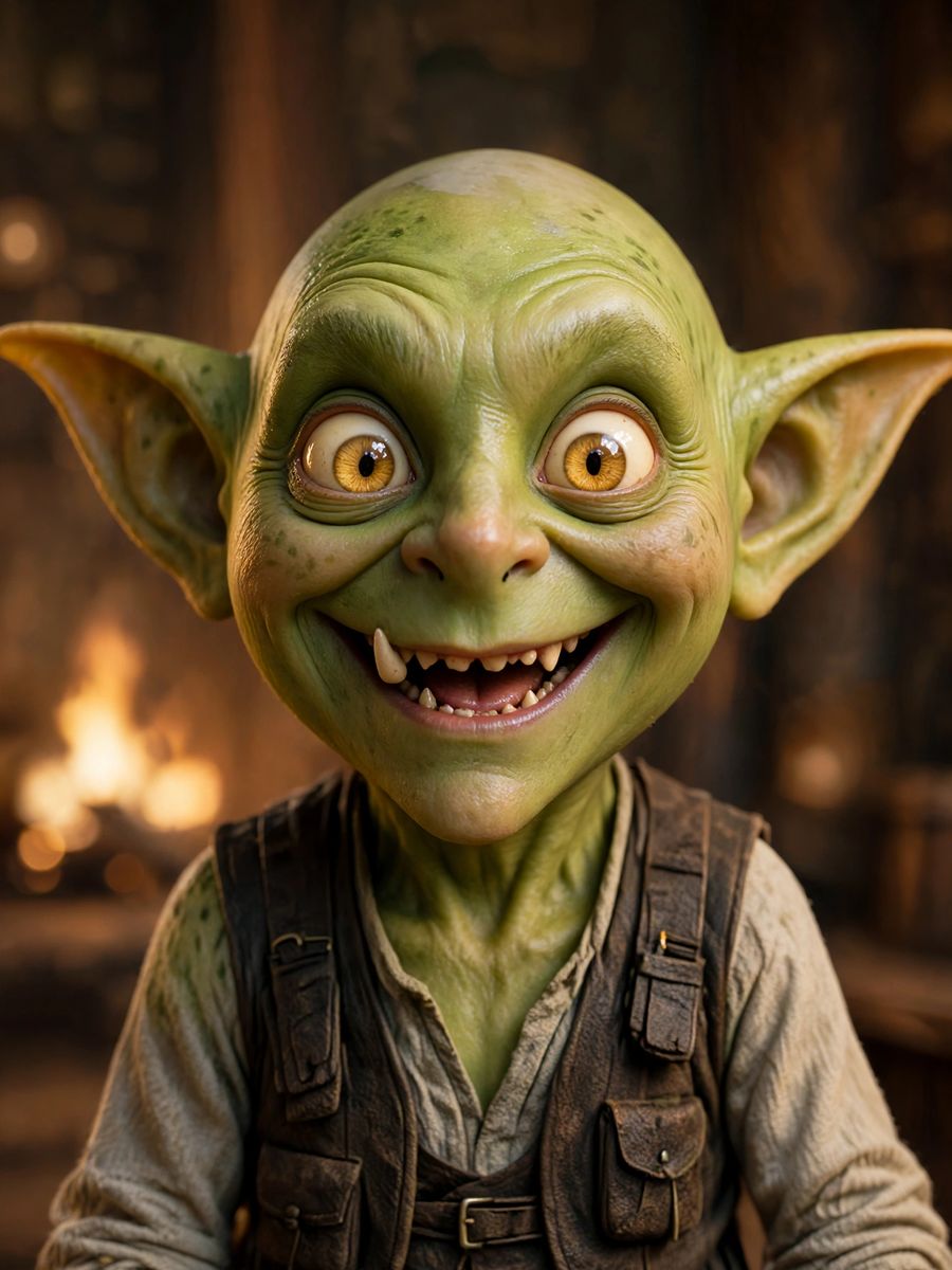 O Goblin com os olhos arregalados e um sorriso cheio de dentes
