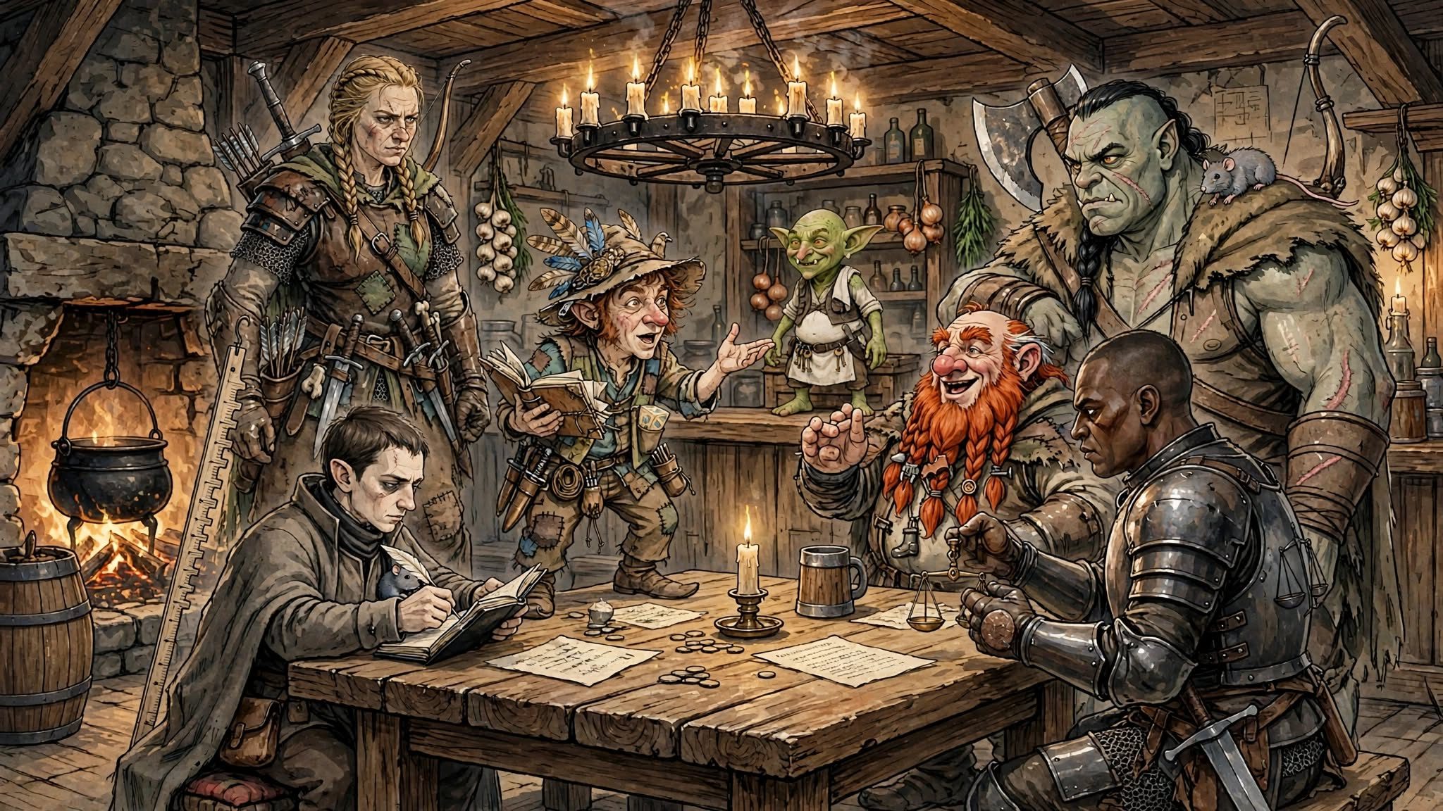 Os seis aventureiros em volta da mesa da Taverna do Goblin: Zethos escreve no livro de contas, Kestra em pé atrás dele, Castor conta uma história, Doran faz sinais para Traall, Tomas de armadura, e o Goblin observa de cima do caixote atrás do balcão