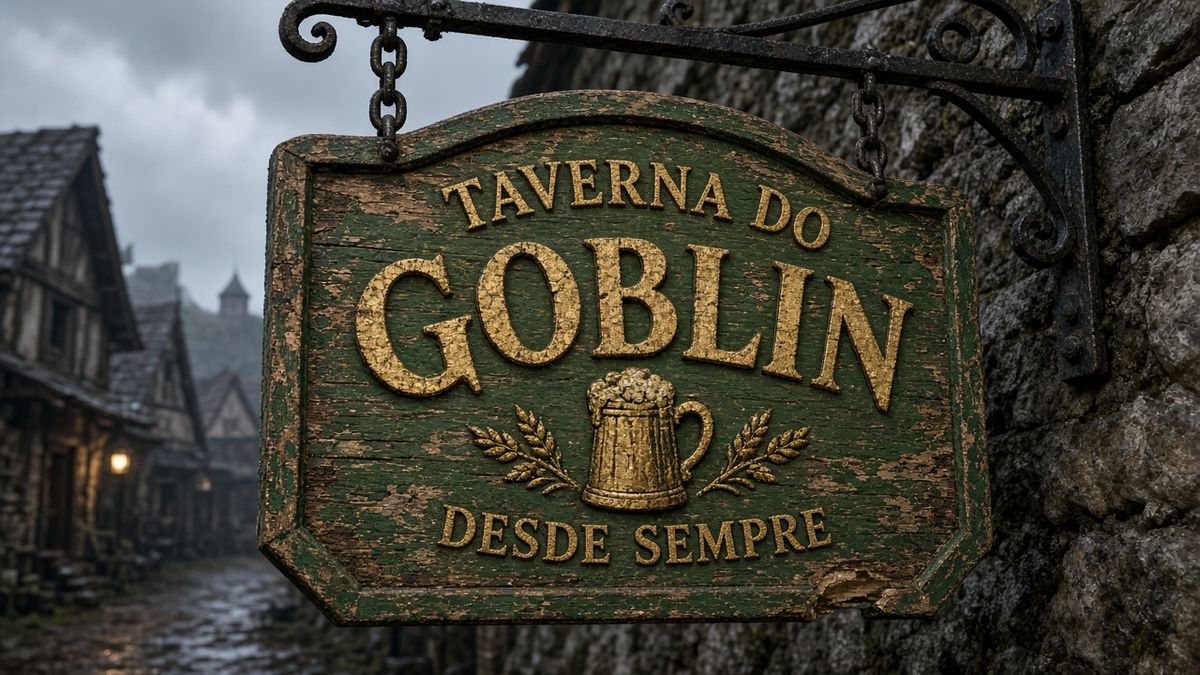 A placa da Taverna do Goblin: tábua verde com a caneca dourada transbordando e o lema Desde Sempre