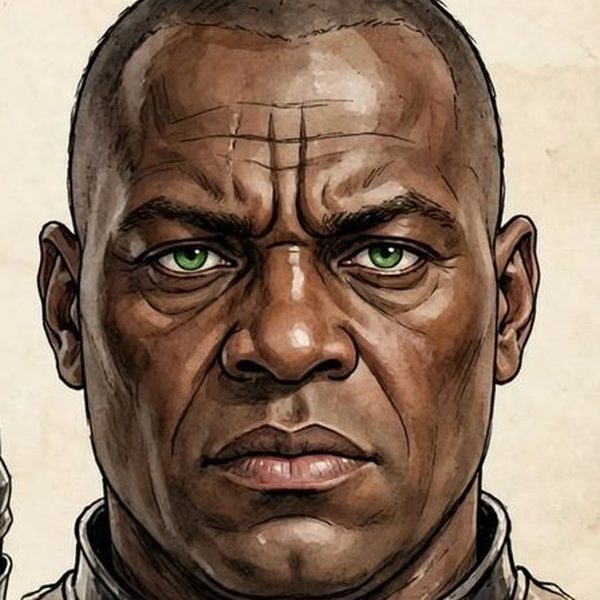 Tomas Verkion, homem negro de olhos verdes, cabelo curto e armadura de placas