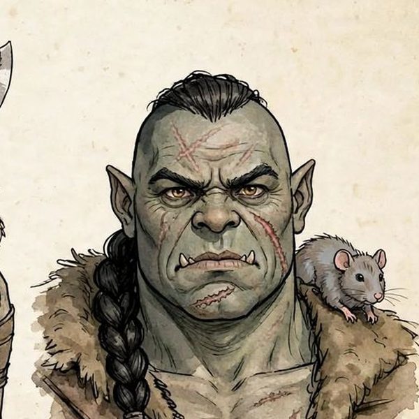 Traall, meio-orc de pele verde-acinzentada, trança única e um rato cinza no ombro