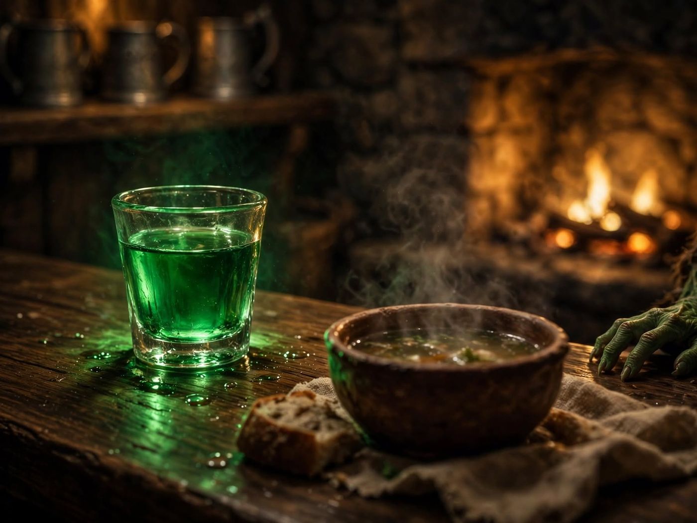 Um copo de vidro grosso com uma bebida verde que brilha por dentro, ao lado de uma tigela de caldo, sobre o balcão da Taverna
